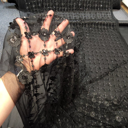 Black 3D Flower Power Mesh With Sequins